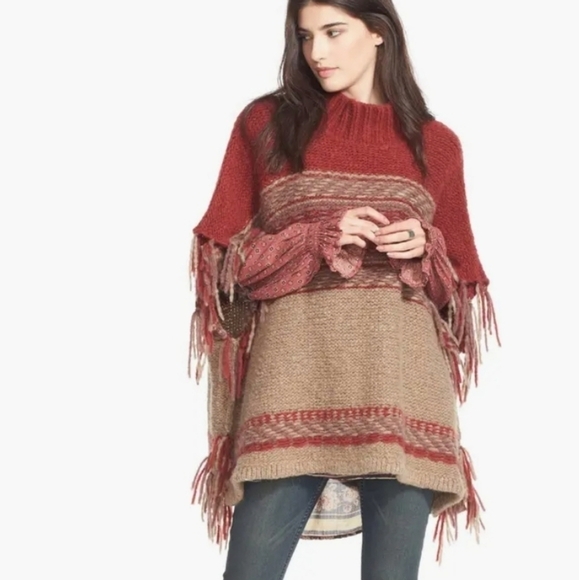 Women's size M/L Free People Labyrinth' Stripe Colorblock Poncho - Picture 1 of 8